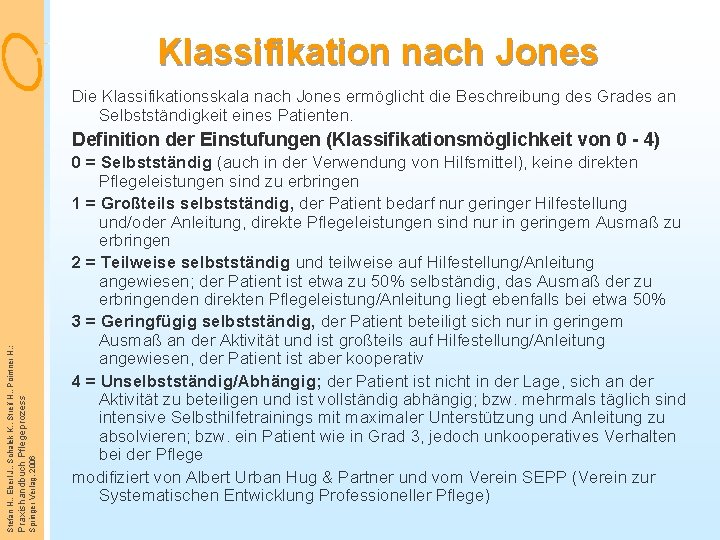 Klassifikation nach Jones Die Klassifikationsskala nach Jones ermöglicht die Beschreibung des Grades an Selbstständigkeit