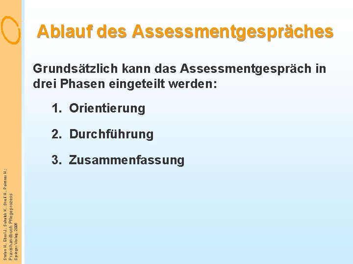 Ablauf des Assessmentgespräches Grundsätzlich kann das Assessmentgespräch in drei Phasen eingeteilt werden: 1. Orientierung