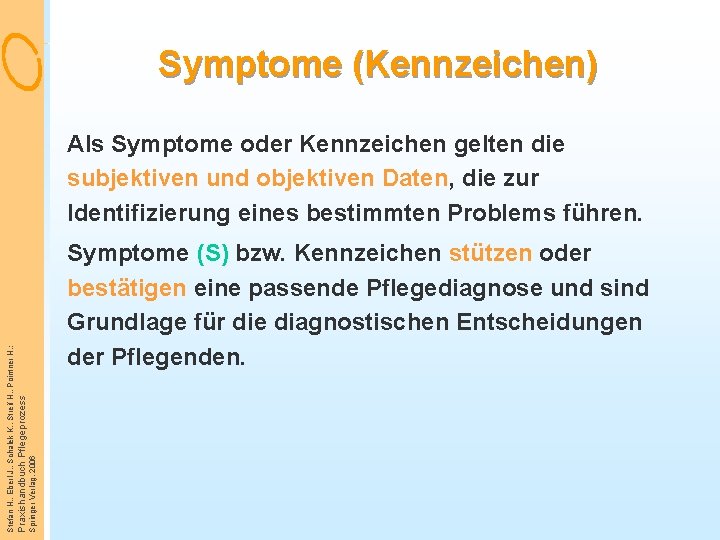 Symptome (Kennzeichen) Springer Verlag, 2006 Symptome (S) bzw. Kennzeichen stützen oder bestätigen eine passende
