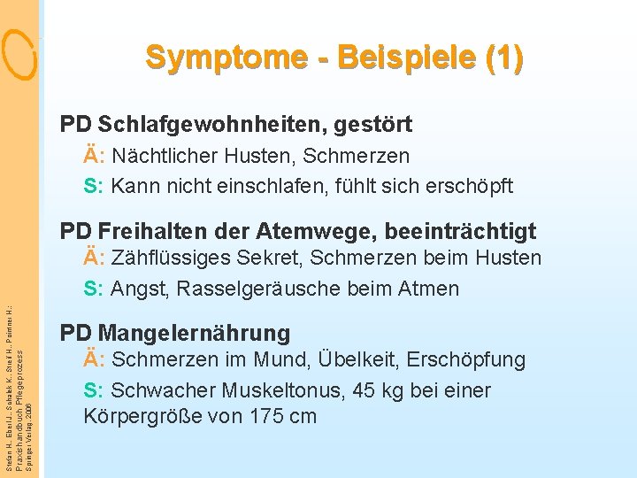 Symptome - Beispiele (1) PD Schlafgewohnheiten, gestört Ä: Nächtlicher Husten, Schmerzen S: Kann nicht