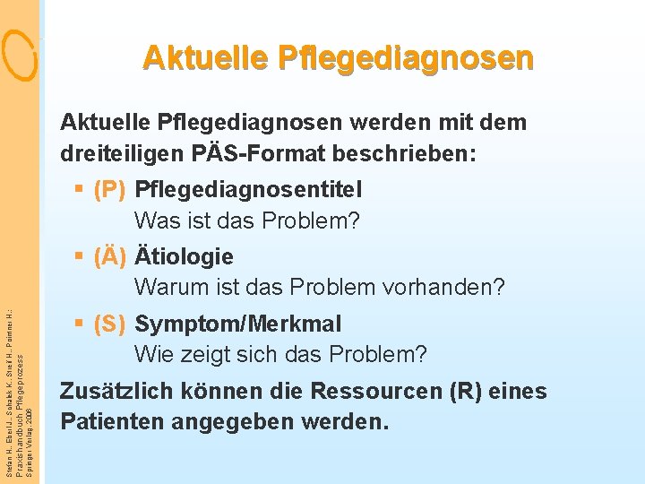 Aktuelle Pflegediagnosen werden mit dem dreiteiligen PÄS-Format beschrieben: § (P) Pflegediagnosentitel Was ist das