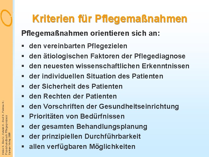 Kriterien für Pflegemaßnahmen Springer Verlag, 2006 Praxishandbuch Pflegeprozess Stefan H. , Eberl J. ,