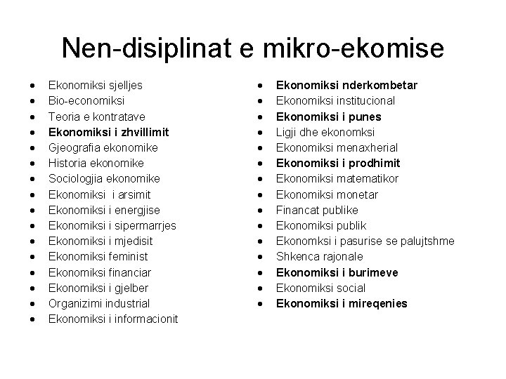 Nen-disiplinat e mikro-ekomise Ekonomiksi sjelljes Bio-economiksi Teoria e kontratave Ekonomiksi i zhvillimit Gjeografia ekonomike