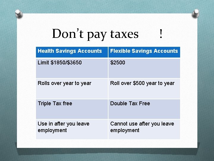 Don’t pay taxes ! Health Savings Accounts Flexible Savings Accounts Limit $1850/$3650 $2500 Rolls