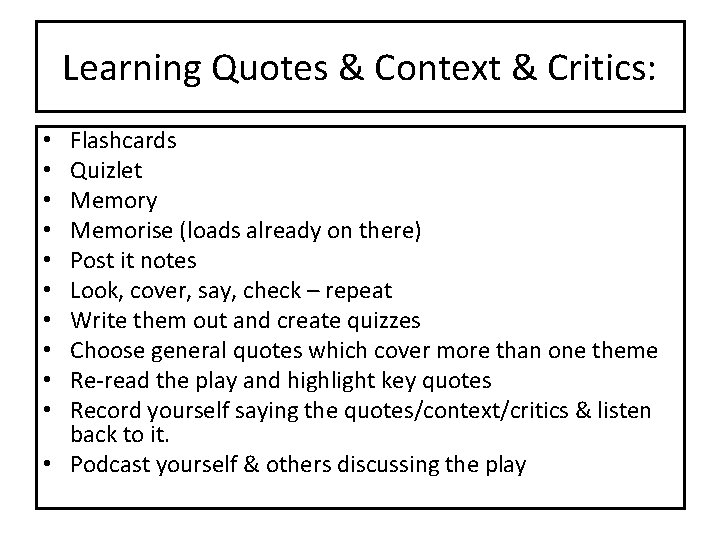 Learning Quotes & Context & Critics: Flashcards Quizlet Memory Memorise (loads already on there)