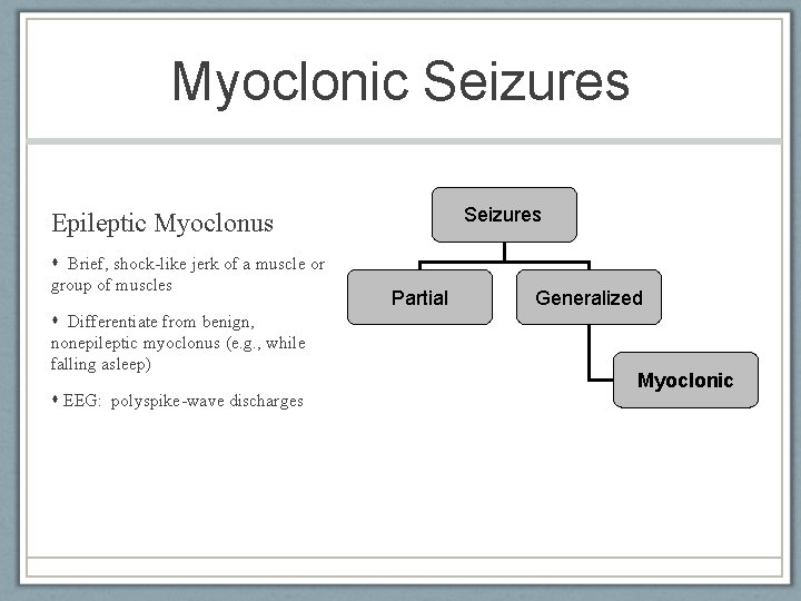 Myoclonic Seizures Epileptic Myoclonus Brief, shock-like jerk of a muscle or group of muscles