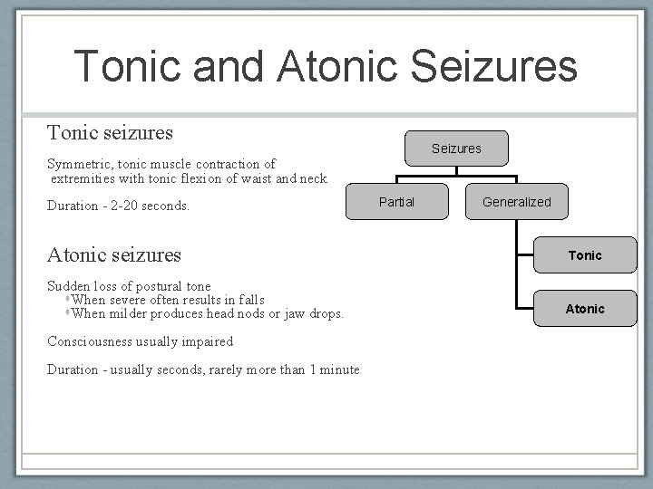 Tonic and Atonic Seizures Tonic seizures Symmetric, tonic muscle contraction of extremities with tonic