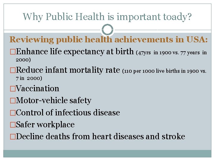 Why Public Health is important toady? Reviewing public health achievements in USA: �Enhance life