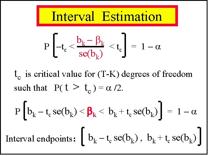 Interval Estimation bk k P tc < < tc = 1 se(bk) tc is Interval Estimation bk k P tc < < tc = 1 se(bk) tc is