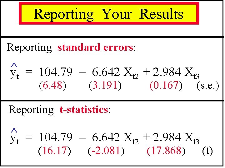Reporting Your Results Reporting standard errors: ^ yt = Xt 2 + Xt 3 Reporting Your Results Reporting standard errors: ^ yt = Xt 2 + Xt 3