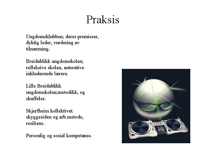 Praksis Ungdomsklubben; deres premisser, dyktig leder, vurdering av tilnærming. Breidablikk ungdomskolen; refleksive skolen, autorative