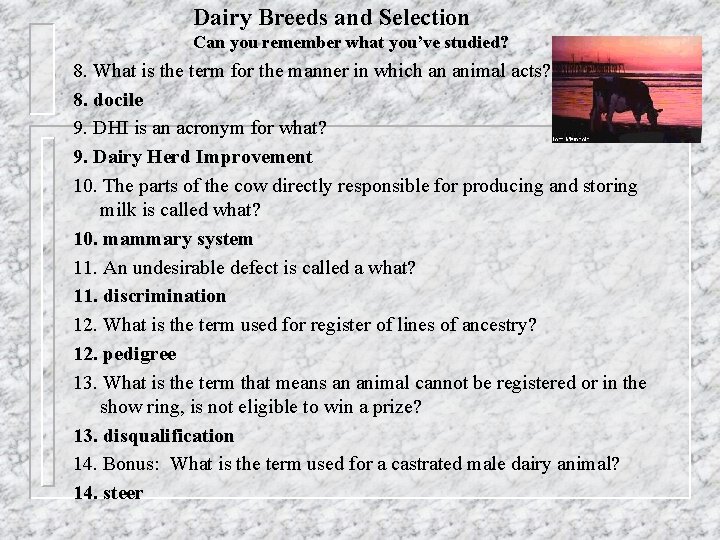 Dairy Breeds and Selection Can you remember what you’ve studied? 8. What is the