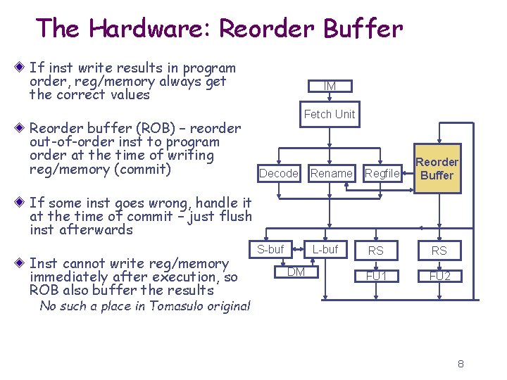 The Hardware: Reorder Buffer If inst write results in program order, reg/memory always get
