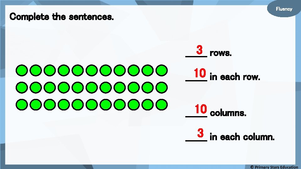 Fluency Complete the sentences. 3 rows. _______ 10 in each row. _______ 10 columns.