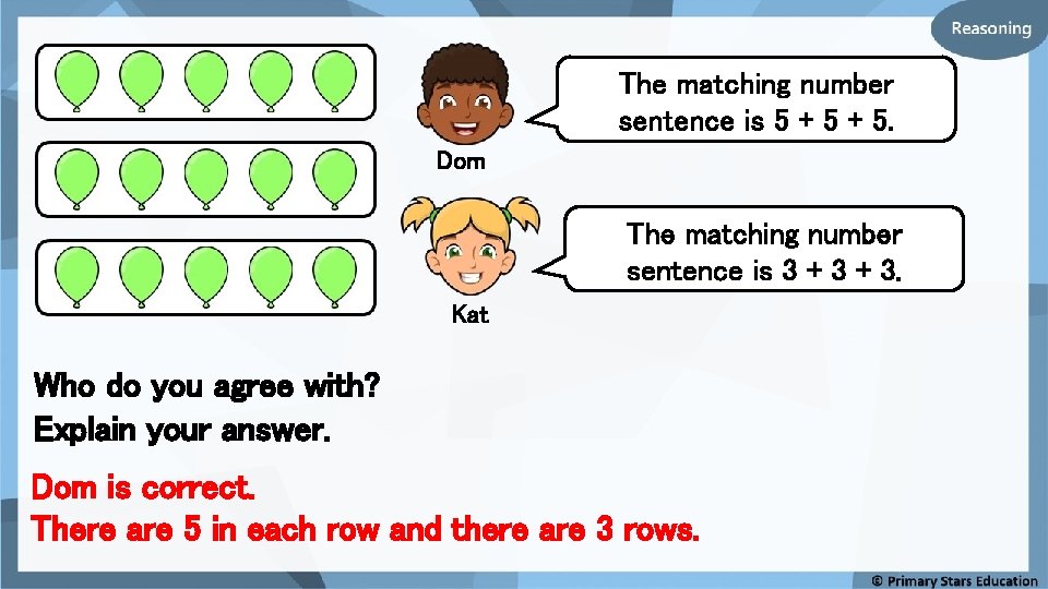 The matching number sentence is 5 + 5. Dom The matching number sentence is