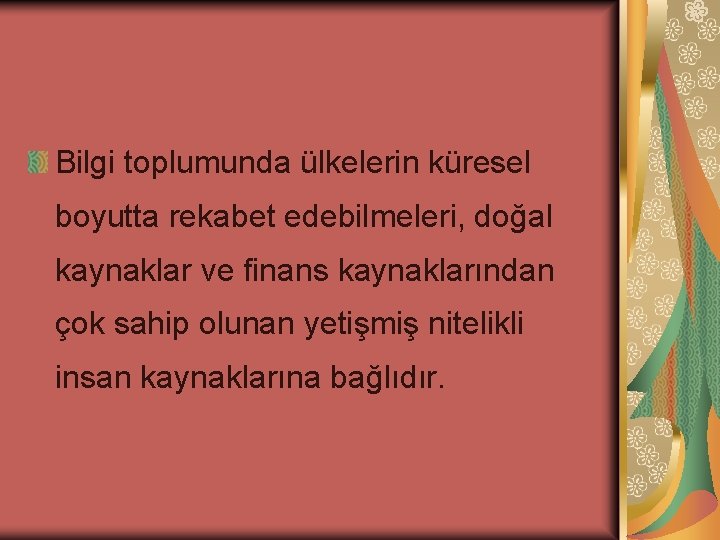 Bilgi toplumunda ülkelerin küresel boyutta rekabet edebilmeleri, doğal kaynaklar ve finans kaynaklarından çok sahip