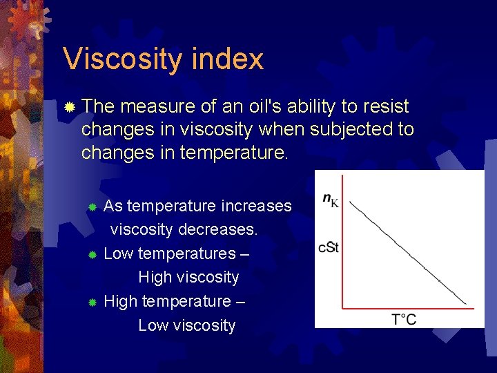 Viscosity index ® The measure of an oil's ability to resist changes in viscosity
