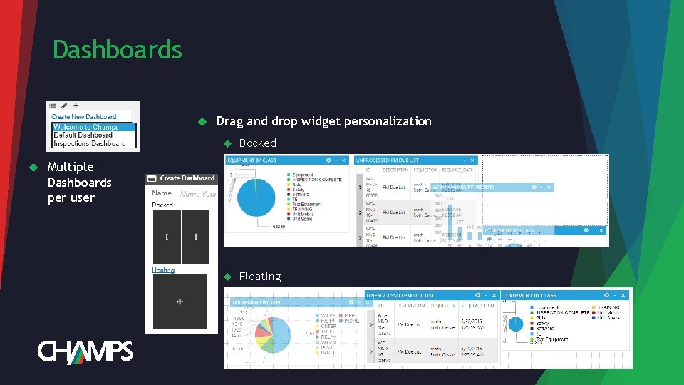Dashboards Drag and drop widget personalization Docked Floating Multiple Dashboards per user 