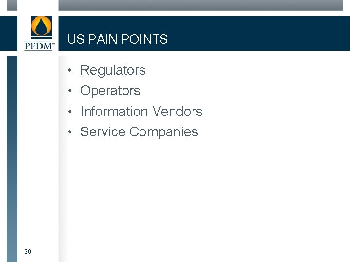 US PAIN POINTS • • 30 Regulators Operators Information Vendors Service Companies 