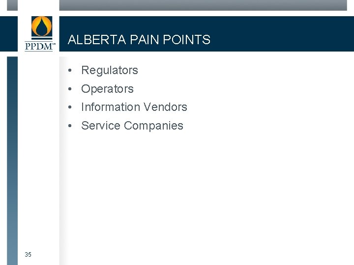 ALBERTA PAIN POINTS • Regulators • Operators • Information Vendors • Service Companies 35