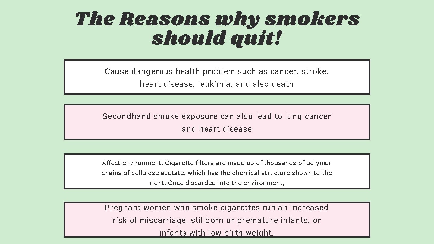The Reasons why smokers should quit! Cause dangerous health problem such as cancer, stroke,