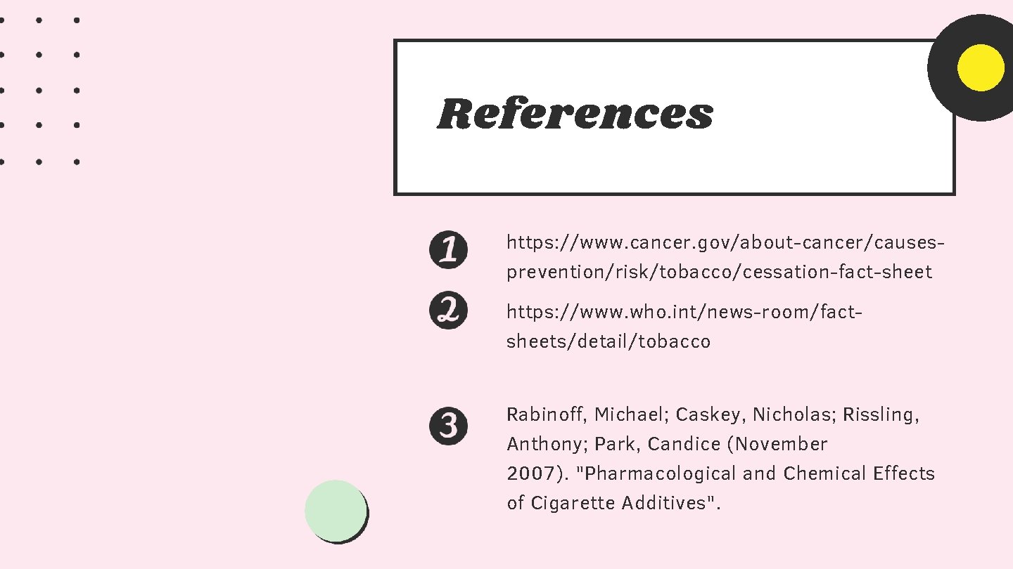 References https: //www. cancer. gov/about-cancer/causesprevention/risk/tobacco/cessation-fact-sheet https: //www. who. int/news-room/factsheets/detail/tobacco Rabinoff, Michael; Caskey, Nicholas; Rissling,