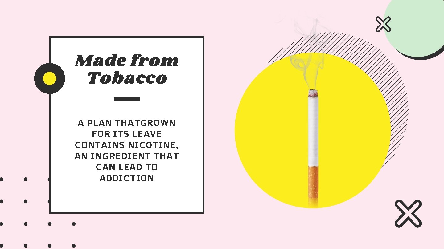 Made from Tobacco A PLAN THATGROWN FOR ITS LEAVE CONTAINS NICOTINE, AN INGREDIENT THAT