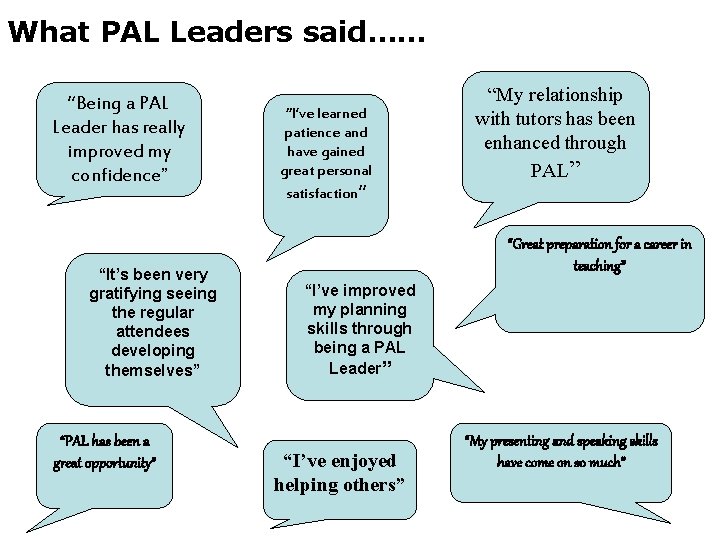 What PAL Leaders said…… “Being a PAL Leader has really improved my confidence” “It’s