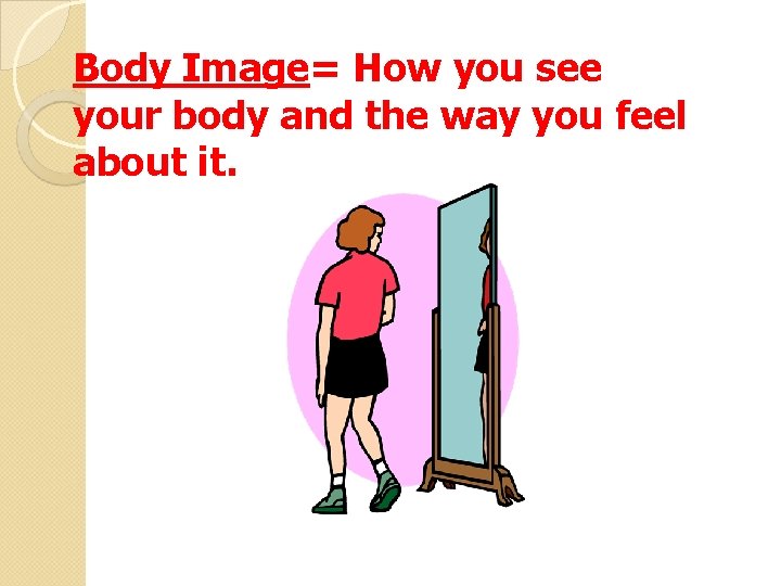 Body Image= How you see your body and the way you feel about it.