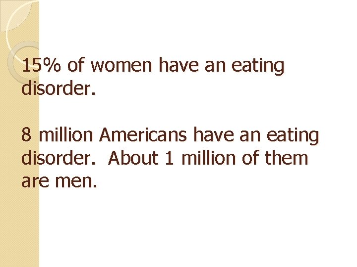 15% of women have an eating disorder. 8 million Americans have an eating disorder.