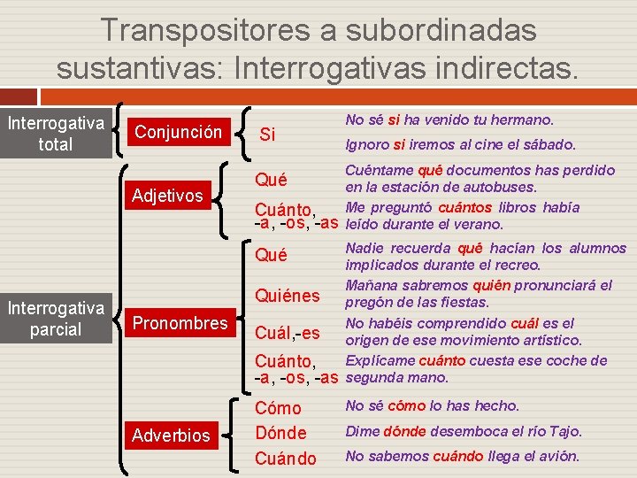 Transpositores a subordinadas sustantivas: Interrogativas indirectas. Interrogativa total Conjunción Adjetivos Si Qué Cuánto, -a,