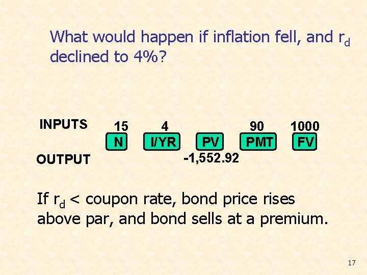 What would happen if inflation fell, and rd declined to 4%? INPUTS OUTPUT 15