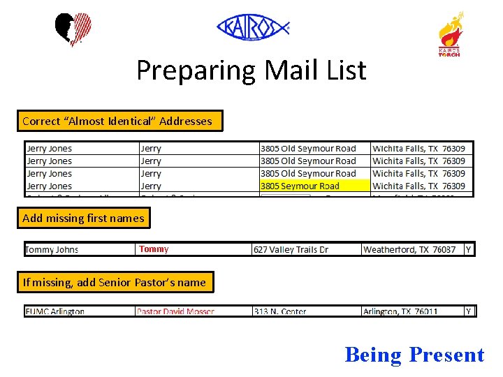 Preparing Mail List Correct “Almost Identical” Addresses Add missing first names Tommy If missing,