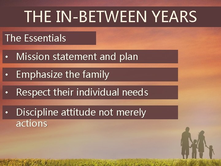 THE IN-BETWEEN YEARS The Essentials • Mission statement and plan • Emphasize the family