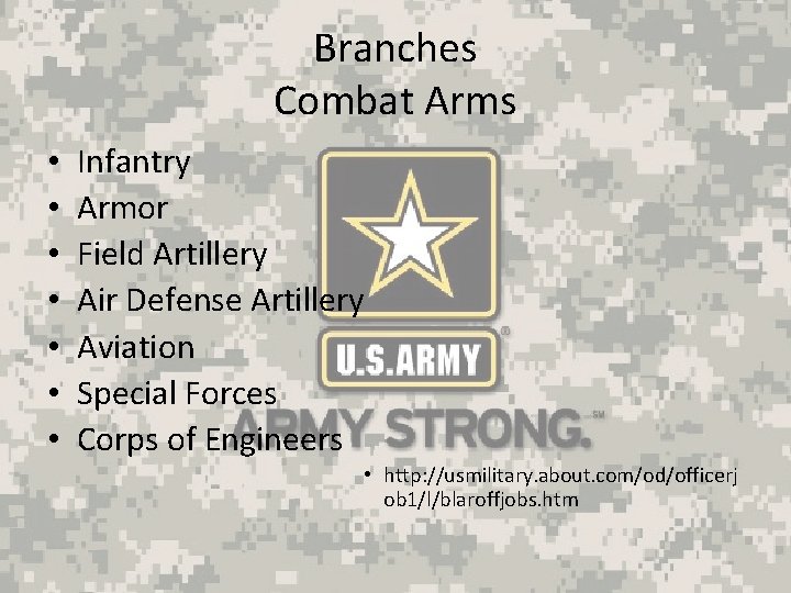 Branches Combat Arms • • Infantry Armor Field Artillery Air Defense Artillery Aviation Special