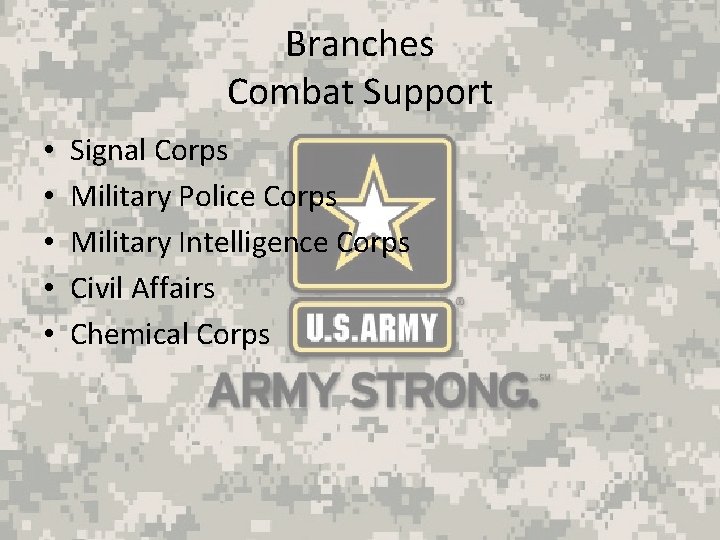 Branches Combat Support • • • Signal Corps Military Police Corps Military Intelligence Corps