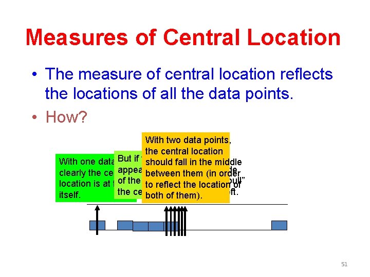Measures of Central Location • The measure of central location reflects the locations of
