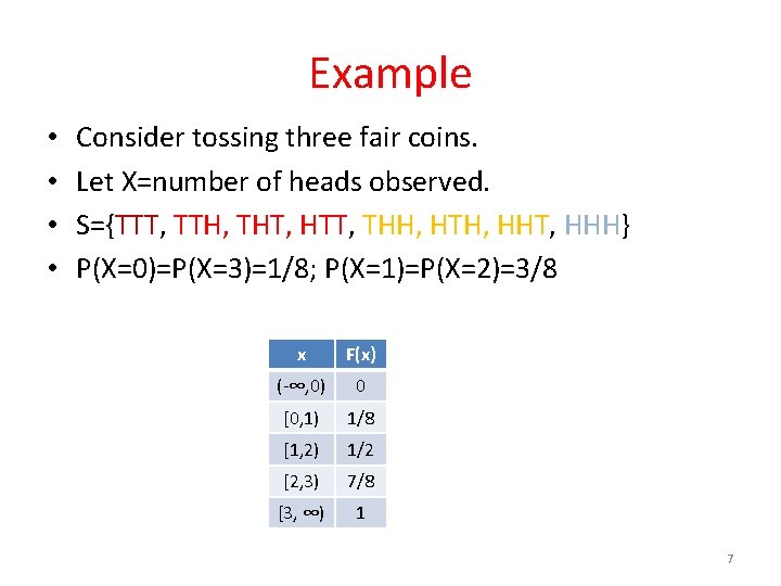 Example • • Consider tossing three fair coins. Let X=number of heads observed. S={TTT,