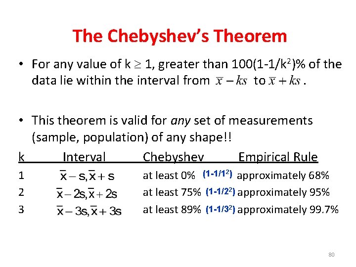 The Chebyshev’s Theorem • For any value of k 1, greater than 100(1 -1/k