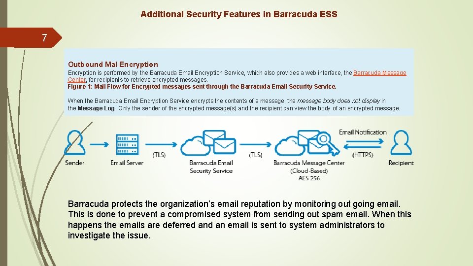 Additional Security Features in Barracuda ESS 7 Outbound Mal Encryption is performed by the