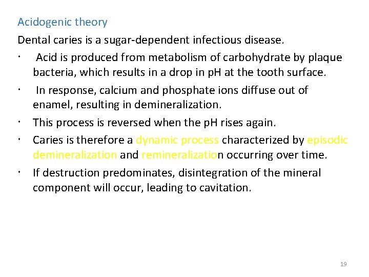 Acidogenic theory Dental caries is a sugar-dependent infectious disease. Acid is produced from metabolism