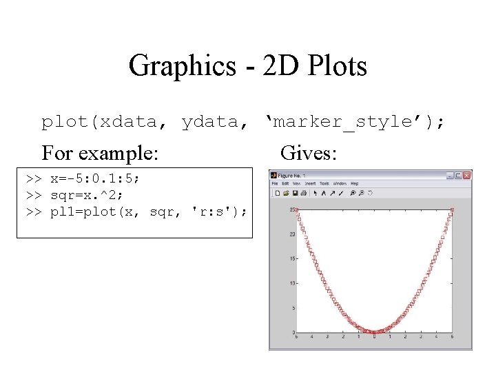 Graphics - 2 D Plots plot(xdata, ydata, ‘marker_style’); For example: >> x=-5: 0. 1: Graphics - 2 D Plots plot(xdata, ydata, ‘marker_style’); For example: >> x=-5: 0. 1: