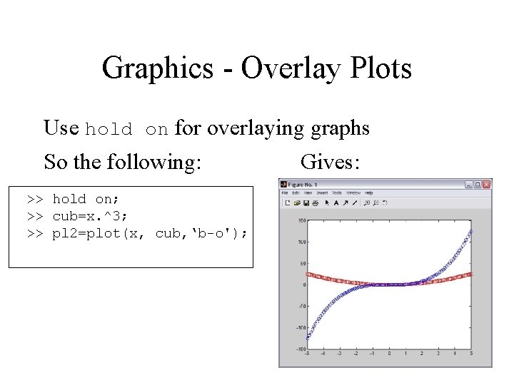 Graphics - Overlay Plots Use hold on for overlaying graphs So the following: Gives: Graphics - Overlay Plots Use hold on for overlaying graphs So the following: Gives: