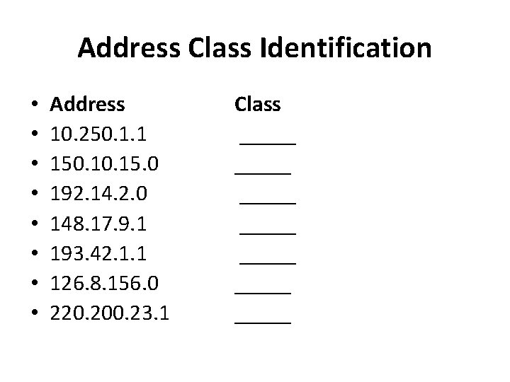 Address Class Identification • • Address 10. 250. 1. 1 150. 15. 0 192.