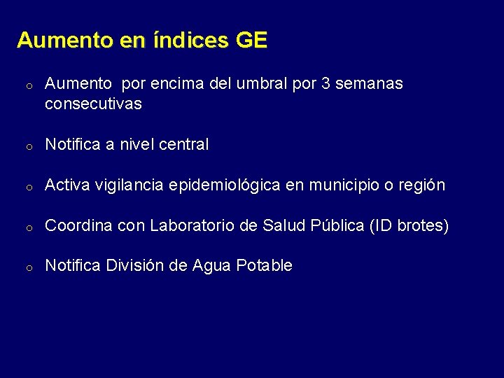 Aumento en índices GE o Aumento por encima del umbral por 3 semanas consecutivas