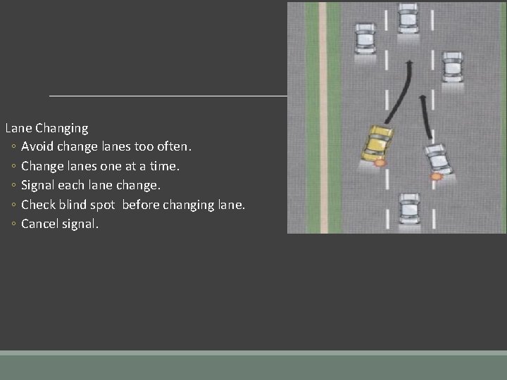Lane Changing ◦ Avoid change lanes too often. ◦ Change lanes one at a