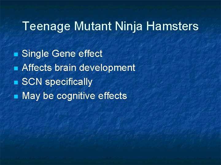 Teenage Mutant Ninja Hamsters n n Single Gene effect Affects brain development SCN specifically
