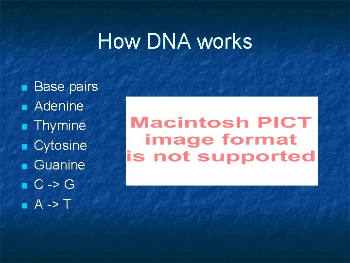 How DNA works n n n n Base pairs Adenine Thymine Cytosine Guanine C