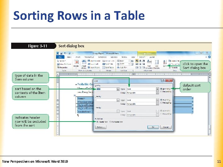 Sorting Rows in a Table New Perspectives on Microsoft Word 2010 XP 11 