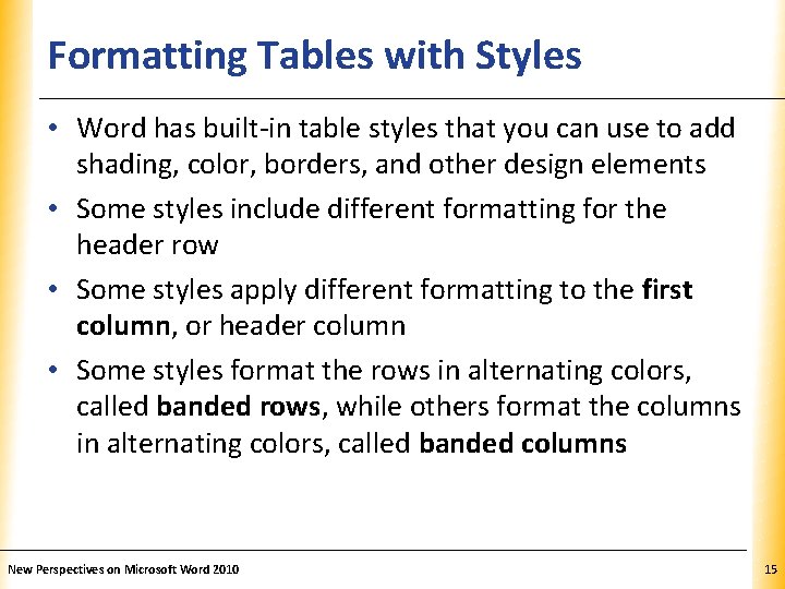 Formatting Tables with Styles XP • Word has built-in table styles that you can